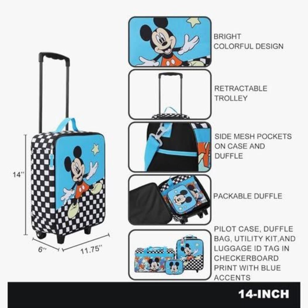 Disney Mickey Mouse Polka Dots Youth 4-Piece Travel Set Carry on Luggage - Picture 6 of 9
